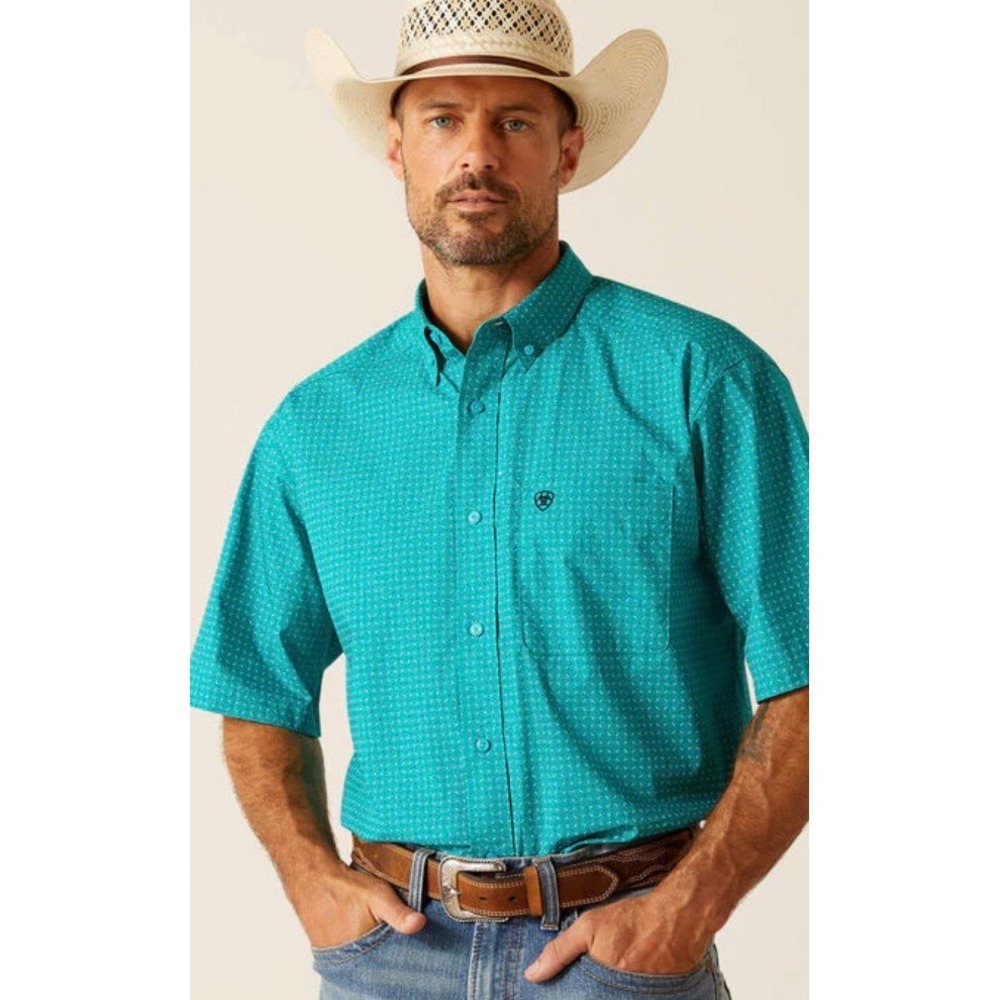 Ariat Mens Judd SS Shirt Teal Geometric Print Button Down XXL Cowboy Rodeo